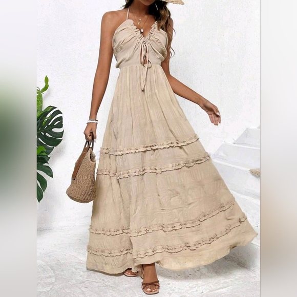 NEW Boho Tie Back Halter Ruffle Maxi Dress Beige Tan Nude - Picture 2 of 11